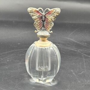VINTAGE  Cut Glass PERFUME BOTTLE With‎ BUTTERFLY RHINESTONES Stopper UNIQUE